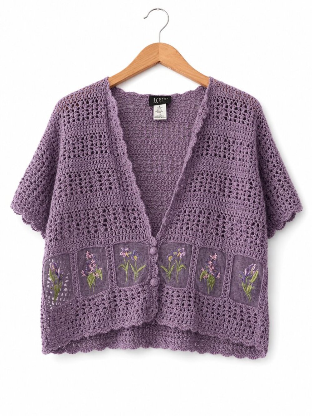 Vintage Teddi Purple Lavender Garden Whimsical Floral Crochet Cardigan Sz 4